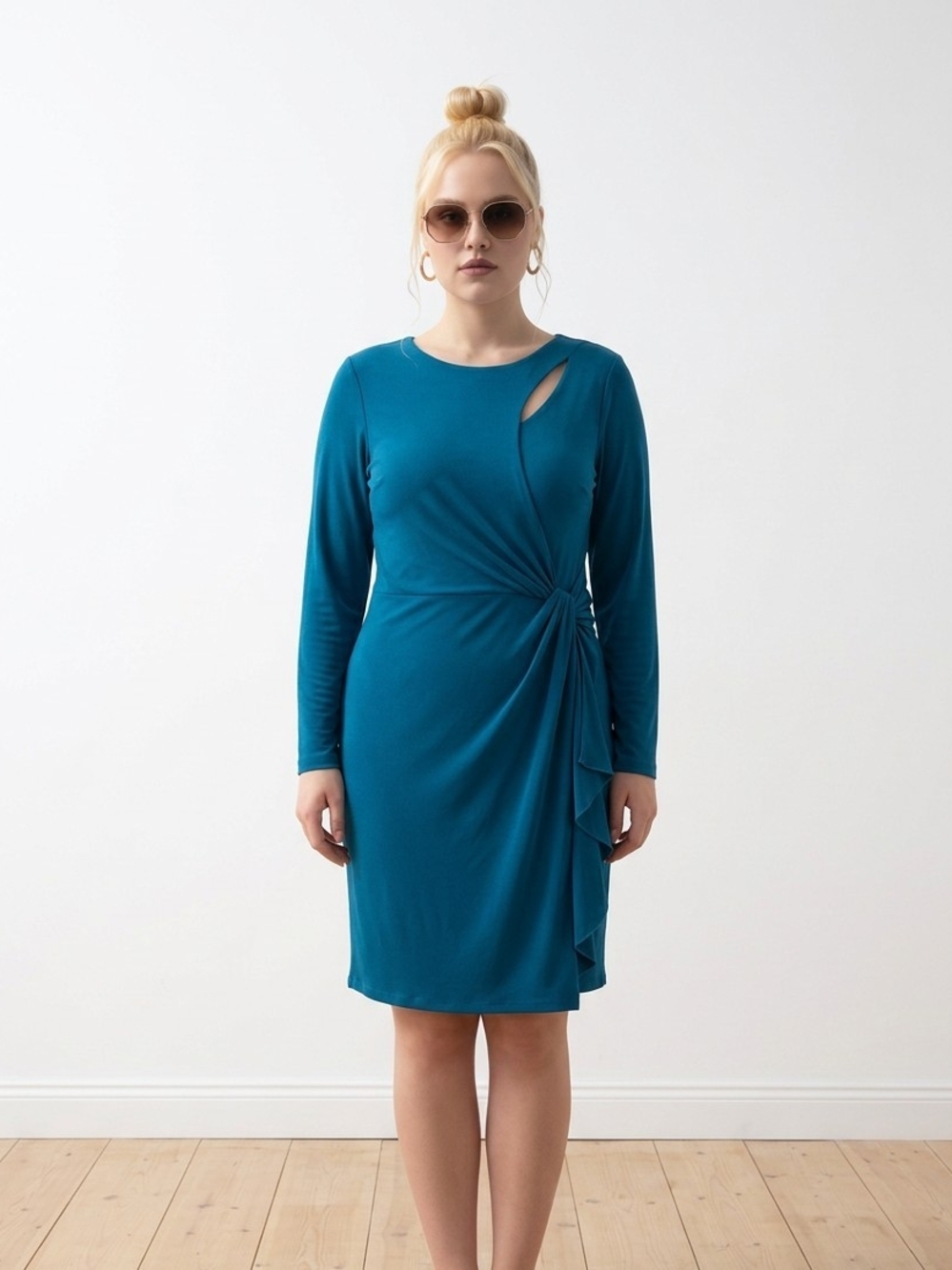 Tahari Teal Twist-Ruched Long Sleeve Dress